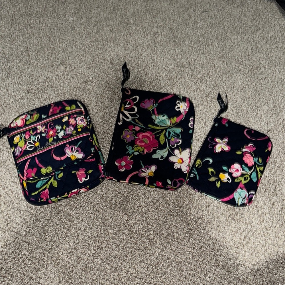 Vera Bradley purse and two mini travel bags navy blue floral pattern